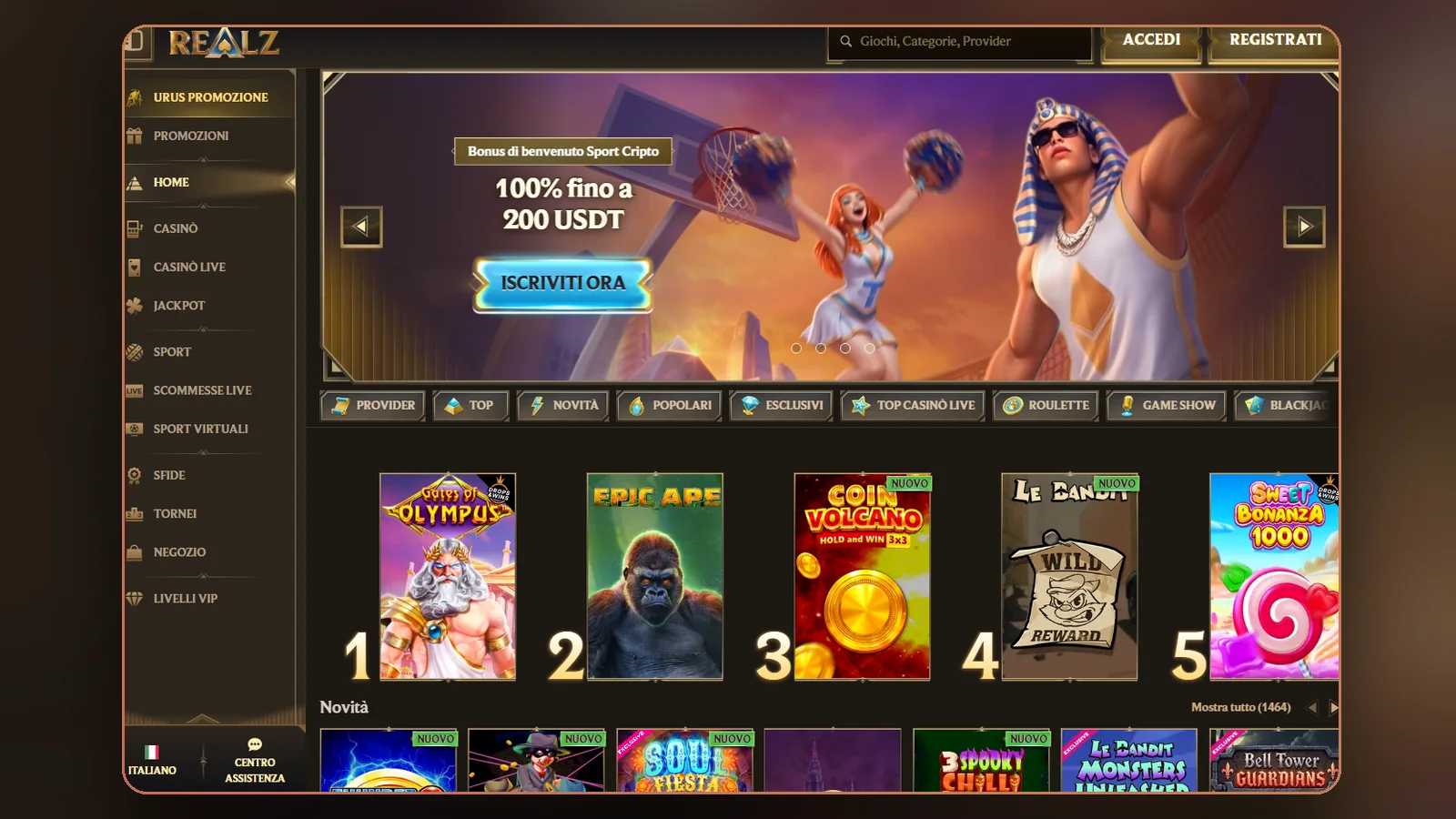La schermata iniziale di Realz, con i pulsanti Accedi e Registrati in alto e le slot numerate da 1 a 5