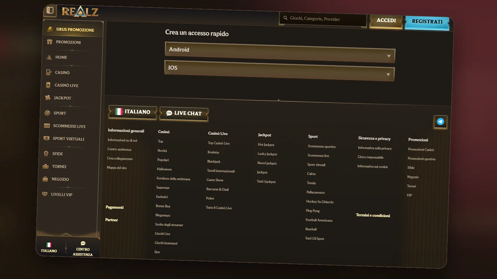 Il collegamento rapido alla schermata Home spiegato dal sito di Realz, con le tendine Android e IOS e i link del piè di pagina