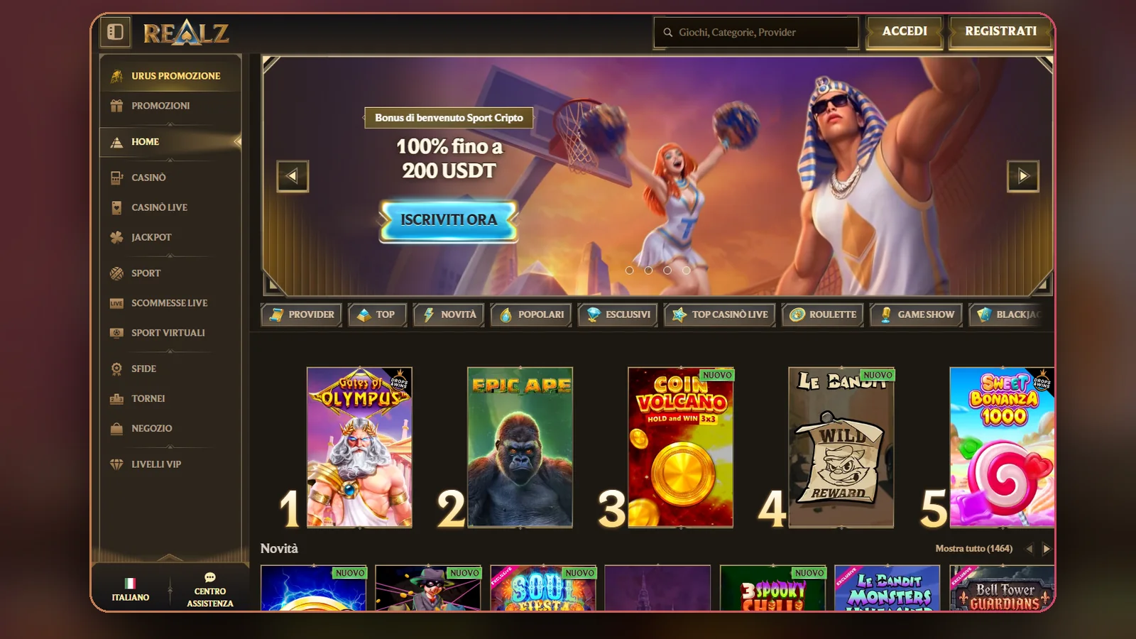 La schermata iniziale di Realz, con i pulsanti Accedi e Registrati in alto e le slot numerate da 1 a 5