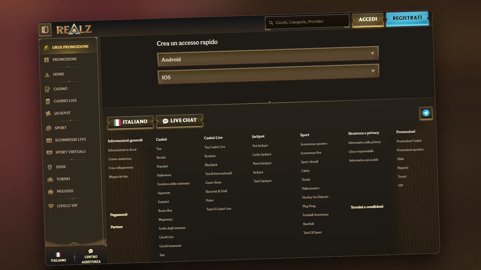 Il collegamento rapido alla schermata Home spiegato dal sito di Realz, con le tendine Android e IOS e i link del piè di pagina