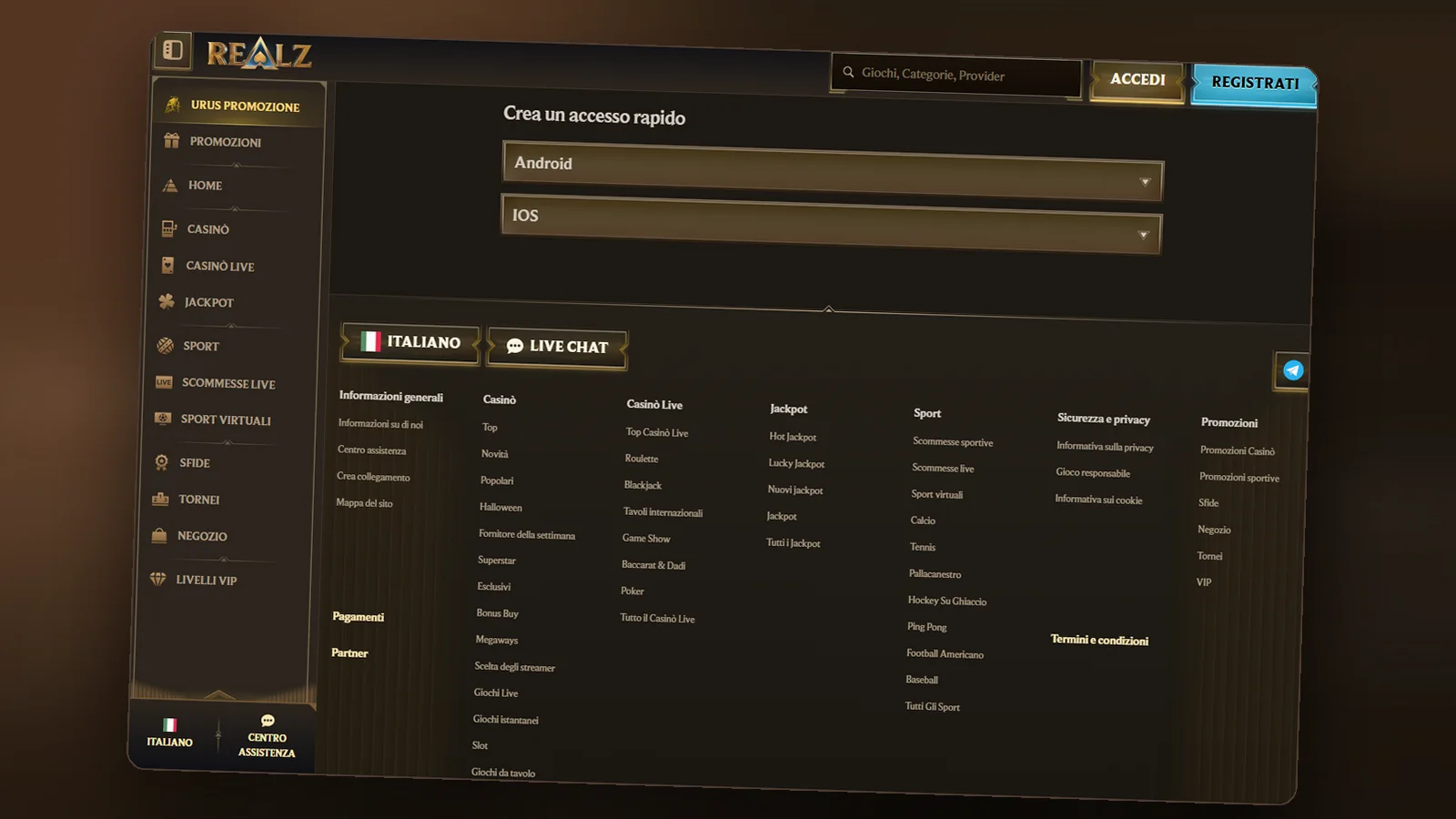 Il collegamento rapido alla schermata Home spiegato dal sito di Realz, con le tendine Android e IOS e i link del piè di pagina